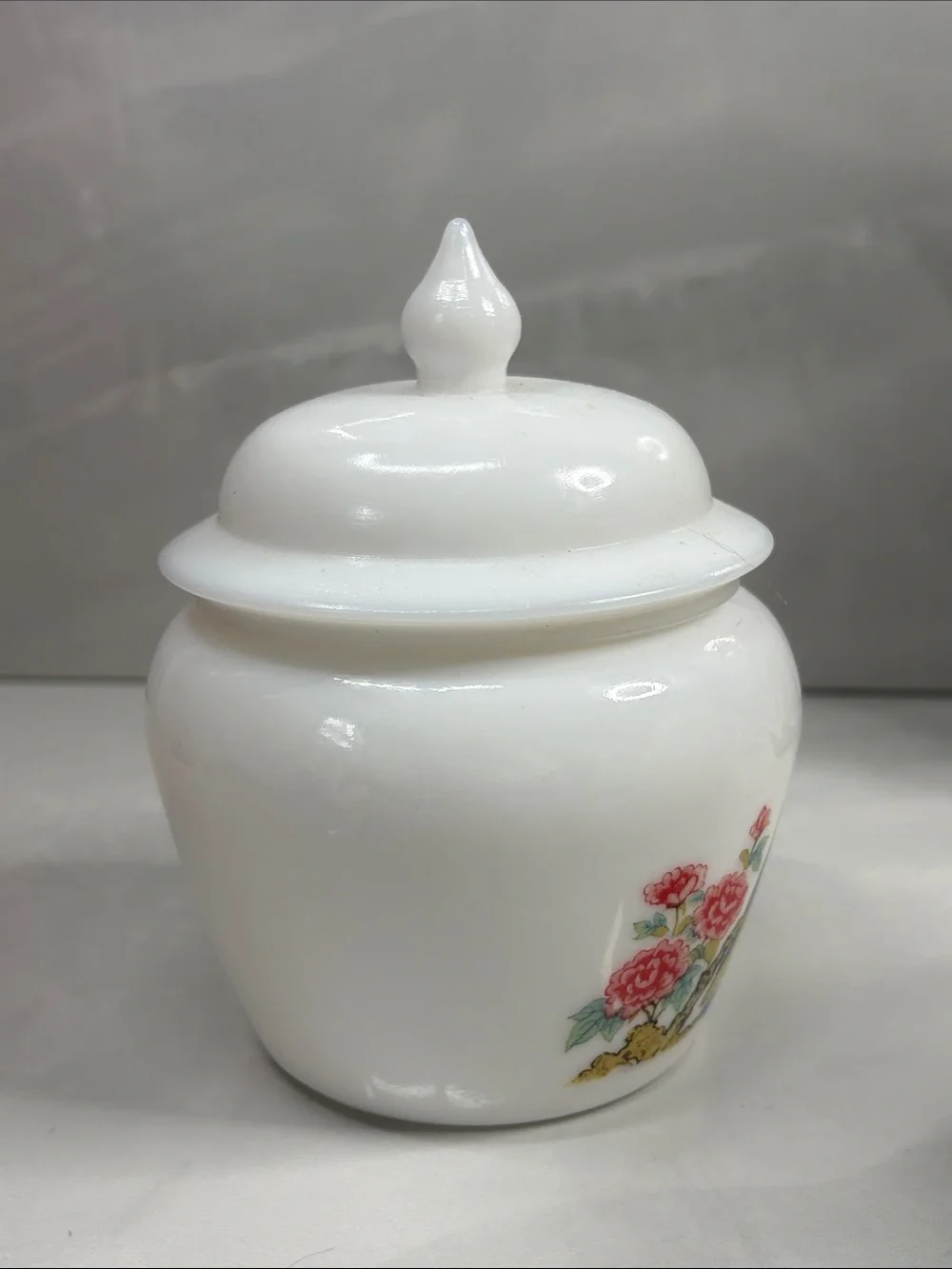 Vintage Avon Milk Glass Covered Vanity Jar Bird Floral Trinket Box Powder Jar